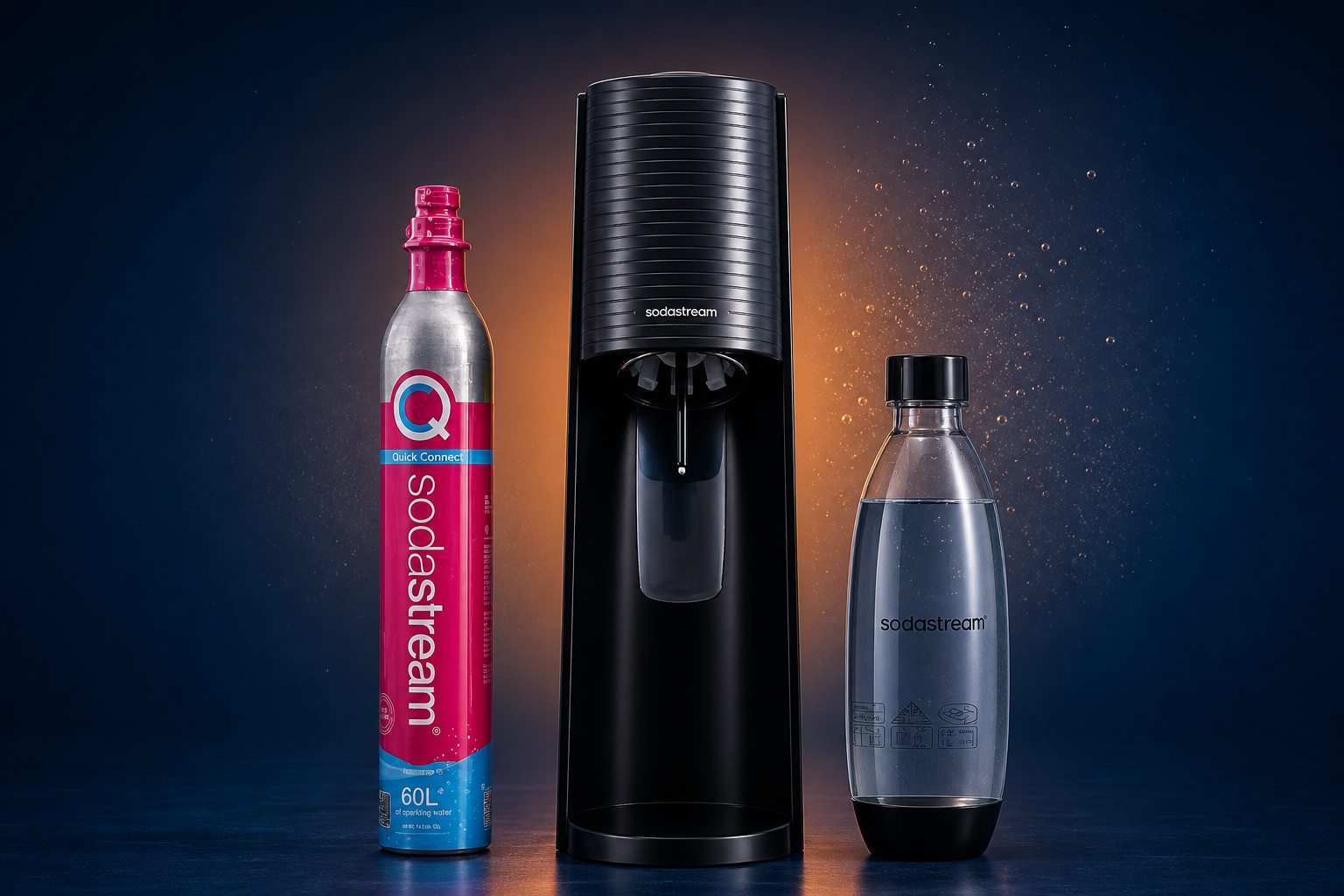 Black SodaStream Quick Connect starter kit with CO2 cylinder and reusable bottle