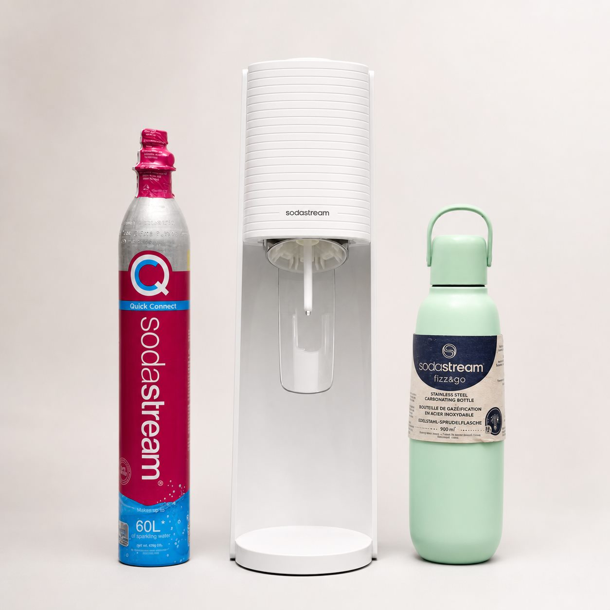 White SodaStream machine with Fizz and Go bottle